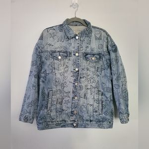 MICHAEL Michael Kors Graffiti Print Denim Jacket 100% Cotton S Oversized